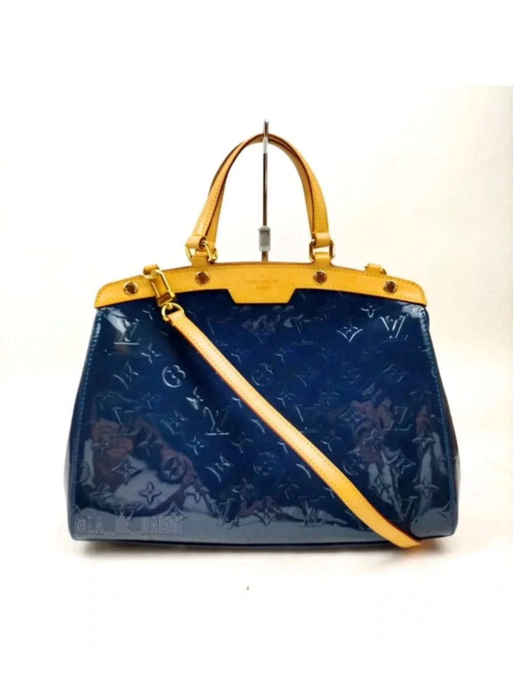 Louis Vuitton Navy Patent Satchel with Yellow-Tan Trim